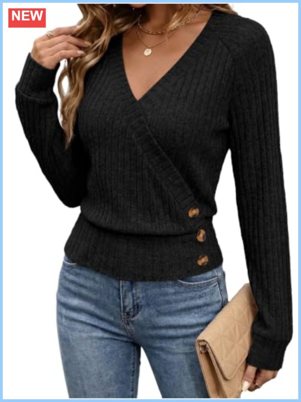 OFEEFAN Long Sleeve V Neck Wrap Top Ribbed Knit Fall Sweater